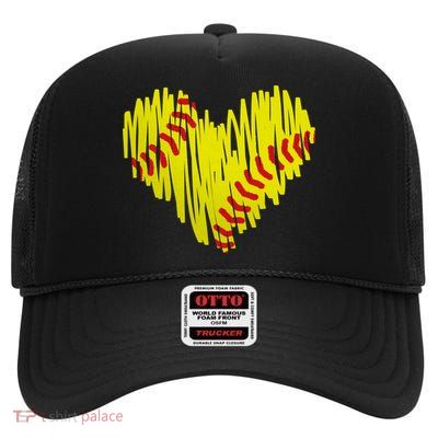 Distressed Softball Heart High Crown Mesh Back Trucker Hat
