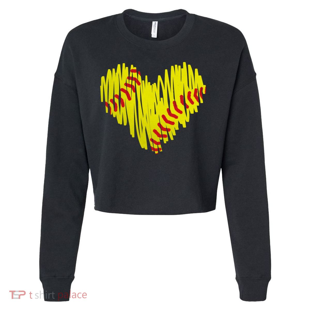 Distressed Softball Heart Cropped Pullover Crew