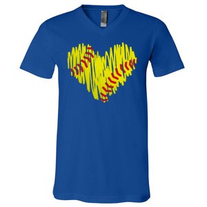 Distressed Softball Heart V-Neck T-Shirt