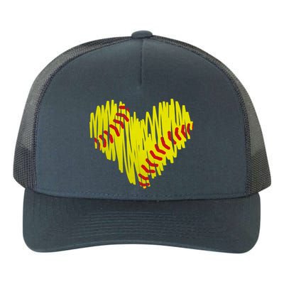 Distressed Softball Heart Yupoong Adult 5-Panel Trucker Hat