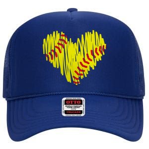 Distressed Softball Heart High Crown Mesh Back Trucker Hat