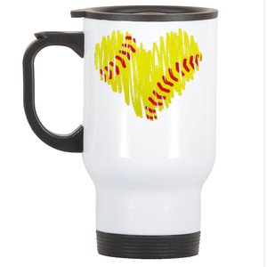 Distressed Softball Heart Stainless Steel Travel Mug