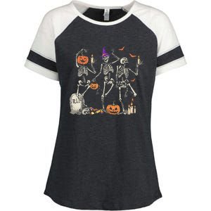 Dancing Skeleton Happy Halloween Skull Enza Ladies Jersey Colorblock Tee