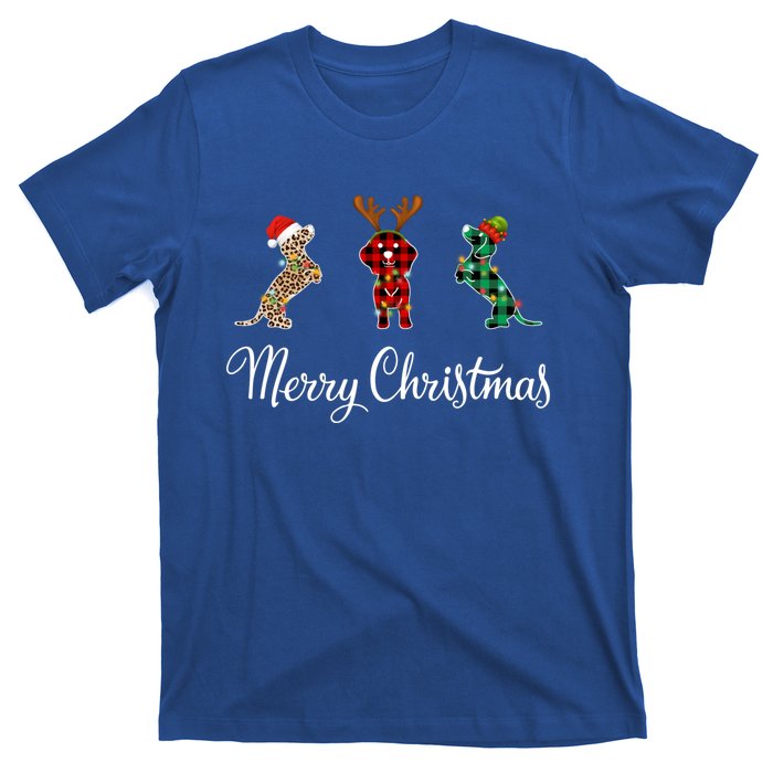 Dachshund Santa Hat Reindeer Christmas Leopard Buffalo Plaid Gift T-Shirt