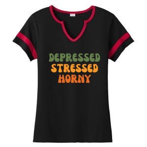 Depressed Stressed Horny Ladies Halftime Notch Neck Tee