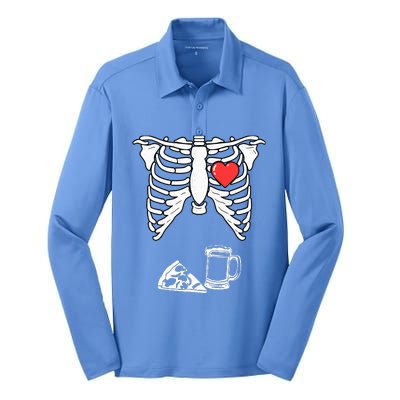 Dad Skeleton Halloween Beer Pizza Pregnancy Couple Silk Touch Performance Long Sleeve Polo