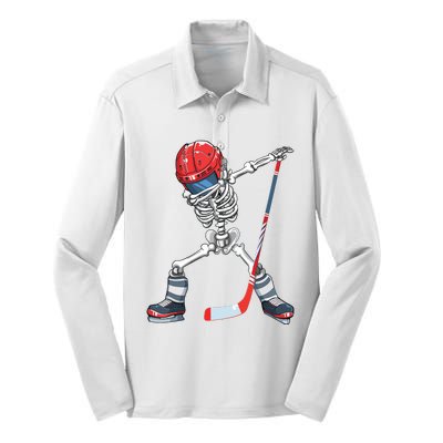 Dabbing Skeleton Hockey Halloween Costume Gift Boy Silk Touch Performance Long Sleeve Polo