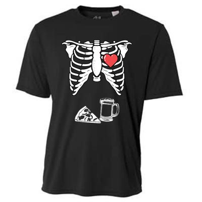 Dad Skeleton Halloween Beer Pizza Funny Pregnancy Couple Cooling Performance Crew T-Shirt