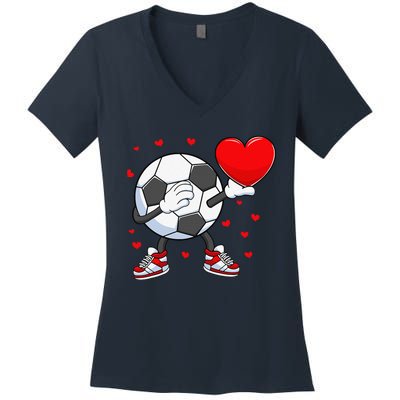 Dabbing Soccer Heart Valentine's Day Football Player Gift Women's V-Neck T-Shirt