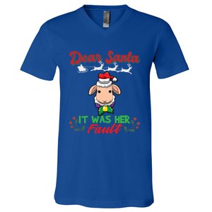 Dear Santa It Was Her Fault Siblings Matching Xmas Gift V-Neck T-Shirt