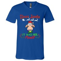 Dear Santa It Was Her Fault Siblings Matching Xmas Gift V-Neck T-Shirt