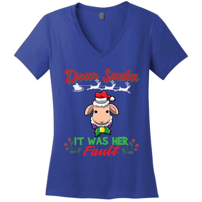 Dear Santa It Was Her Fault Siblings Matching Xmas Gift Women's V-Neck T-Shirt