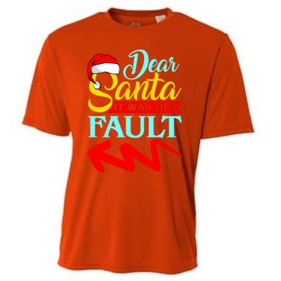 Dear Santa It Was Her Fault (Arrow Pointing Left) Christmas Gift Cooling Performance Crew T-Shirt