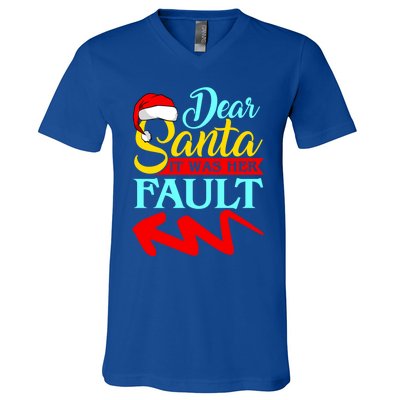 Dear Santa It Was Her Fault (Arrow Pointing Left) Christmas Gift V-Neck T-Shirt