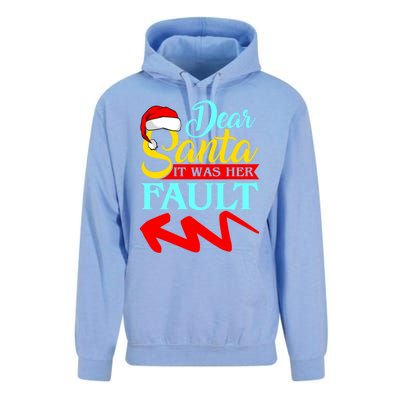 Dear Santa It Was Her Fault (Arrow Pointing Left) Christmas Gift Unisex Surf Hoodie