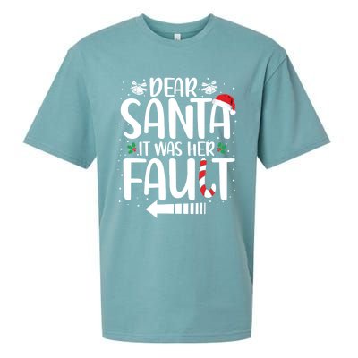 Dear Santa It Was Her Fault Matching Christmas Couples Funny Gift Sueded Cloud Jersey T-Shirt