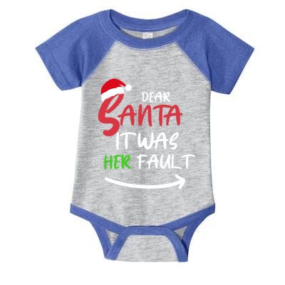 Dear Santa It Was Her Fault Funny Christmas Couples Cute Gift Infant Baby Jersey Bodysuit