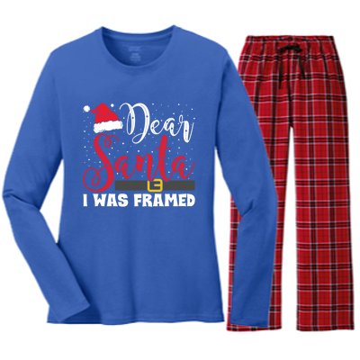 Dear Santa I Was Framed Funny Christmas Stocking Stuffer Gift Women's Long Sleeve Flannel Pajama Set 