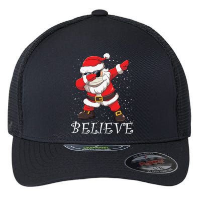 Dabbing Santa In Face Mask Sunglasses Believe Christmas Gift Flexfit Unipanel Trucker Cap