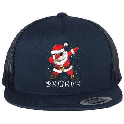 Dabbing Santa In Face Mask Sunglasses Believe Christmas Gift Flat Bill Trucker Hat