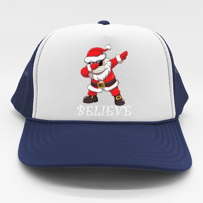 Dabbing Santa In Face Mask Sunglasses Believe Christmas Gift Trucker Hat