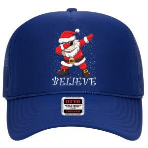 Dabbing Santa In Face Mask Sunglasses Believe Christmas Gift High Crown Mesh Back Trucker Hat