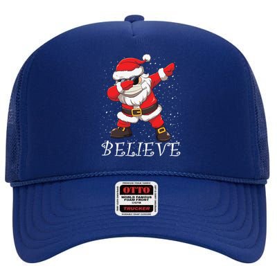 Dabbing Santa In Face Mask Sunglasses Believe Christmas Gift High Crown Mesh Back Trucker Hat