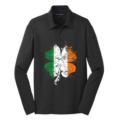 Distressed Shamrock Irish Flag St Patrick's Day Ireland Gift Silk Touch Performance Long Sleeve Polo