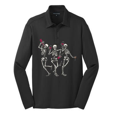 Dancing Skeletons Ing Wine Lover Funny Halloween Scary Funny Gift Silk Touch Performance Long Sleeve Polo