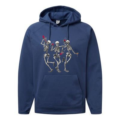 Dancing Skeletons Ing Wine Lover Funny Halloween Scary Funny Gift Performance Fleece Hoodie