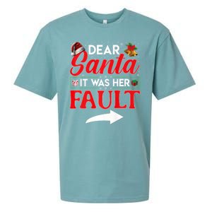 Dear Santa It Was Her Fault Funny Christmas Couples Sueded Cloud Jersey T-Shirt