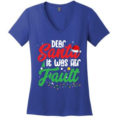 Dear Santa It Was Her Fault Christmas Couples Gift Women's V-Neck T-Shirt