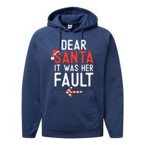 Dear Santa It Was Her Fault Funny Christmas Couples Pointing Cute Gift Performance Fleece Hoodie