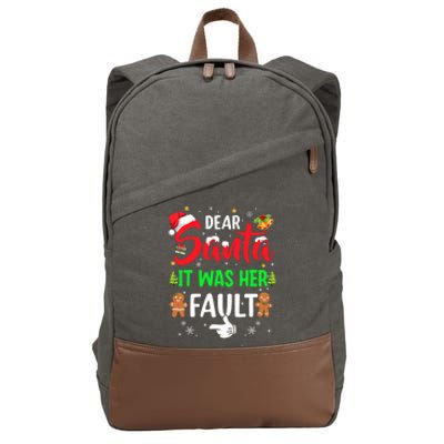 Dear Santa It Was Her Fault Funny Christmas Couples Gift Cotton Canvas Backpack