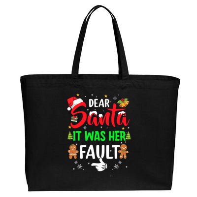 Dear Santa It Was Her Fault Funny Christmas Couples Gift Cotton Canvas Jumbo Tote