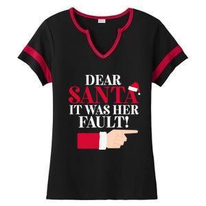 Dear Santa It Was Her Fault Funny Christmas Matching Outfit Funny Gift Ladies Halftime Notch Neck Tee