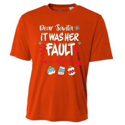 Dear Santa It Was Her Fault Funny Christmas Pajama Couples Gift Cooling Performance Crew T-Shirt