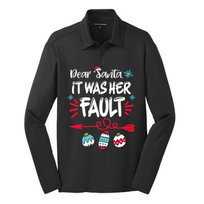 Dear Santa It Was Her Fault Funny Christmas Pajama Couples Gift Silk Touch Performance Long Sleeve Polo