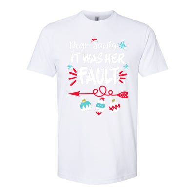 Dear Santa It Was Her Fault Funny Christmas Pajama Couples Gift Softstyle CVC T-Shirt