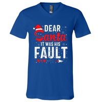 Dear Santa It Was His Fault Funny Christmas Couples  V-Neck T-Shirt