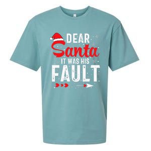 Dear Santa It Was His Fault Funny Christmas Couples  Sueded Cloud Jersey T-Shirt