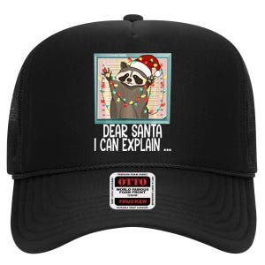 Dear Santa I Can Explain Funny Raccoon Santa Hat Christmas High Crown Mesh Back Trucker Hat