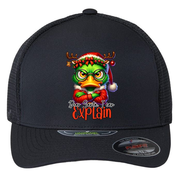 Dear Santa I Can Explain Funny Sarcastic Grumpy Duck Christmas Flexfit Unipanel Trucker Cap