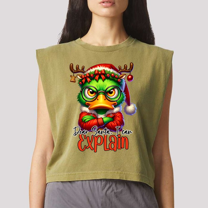 Dear Santa I Can Explain Funny Sarcastic Grumpy Duck Christmas Garment-Dyed Women's Muscle Tee