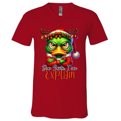 Dear Santa I Can Explain Funny Sarcastic Grumpy Duck Christmas V-Neck T-Shirt