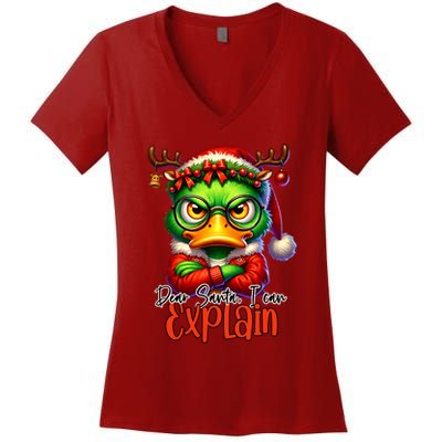 Dear Santa I Can Explain Funny Sarcastic Grumpy Duck Christmas Women's V-Neck T-Shirt