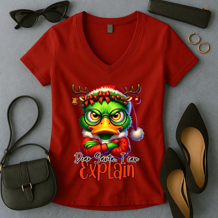 Dear Santa I Can Explain Funny Sarcastic Grumpy Duck Christmas Women's V-Neck T-Shirt