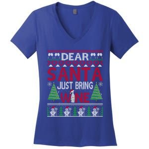 Dear Santa Just Bring Wine Funny Ugly Christmas Sweater Gift Women's V-Neck T-Shirt