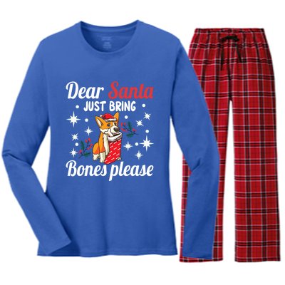 Dear Santa Just Bring Bones Please Santa Corgi Xmas Gift Women's Long Sleeve Flannel Pajama Set 