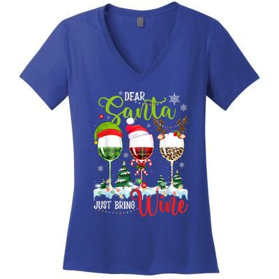 Dear Santa Just Bring Wine Reindeer Dasher Dancer Prancer Gift Women's V-Neck T-Shirt